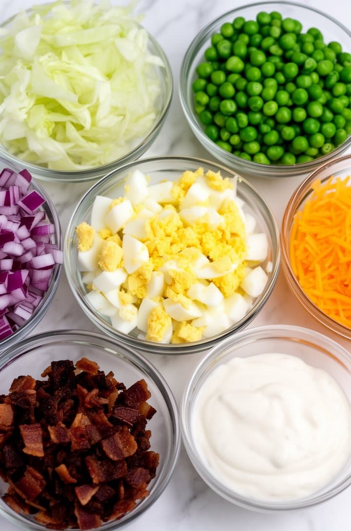 Overhead flat-lay of all ingredients for 7 layer salad arranged in separate small glass prep bowls on a white marble countertop: a pile of chopped pale iceberg lettuce, diced deep purple red onion, bright green thawed peas, rough-chopped hard-boiled eggs with yellow yolk crumbles, finely shredded bright orange cheddar, crispy dark bacon crumbles, and a bowl of smooth creamy white dressing. Clean styling, bright natural overhead lighting, professional food photography