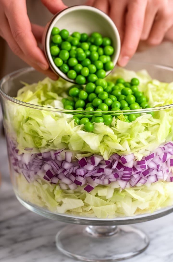 Close-up side shot through a clear glass trifle bowl showing the first three layers being built: a thick base of chopped pale green iceberg lettuce, a thinner band of finely diced purple-red onion, and bright green peas being poured from a small bowl onto the onion layer. Marble surface, soft natural side lighting, hands visible adding peas, shallow depth of field