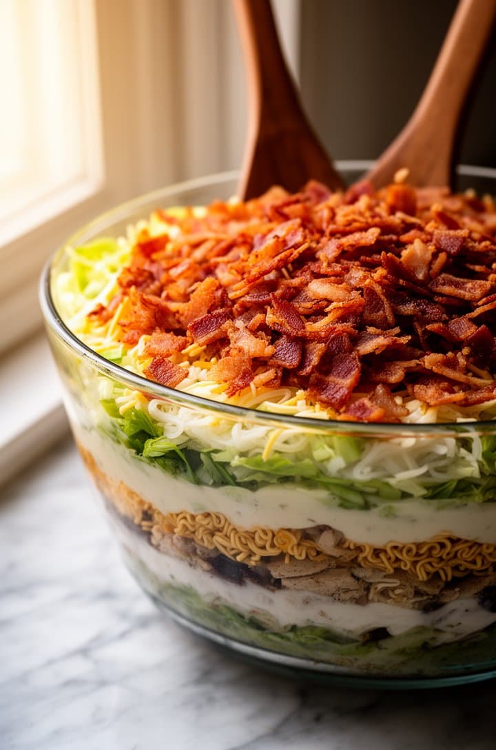 Dramatic side-angle close-up of the fully assembled 7 layer salad in a glass bowl, all layers perfectly visible and distinct through the glass, crispy crumbled bacon piled generously on top, two wooden serving utensils resting in the bowl. Soft natural window lighting from the left creating a warm glow, marble countertop, shallow depth of field with blurred background, professional food blog style