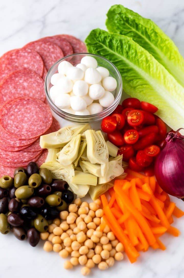 Overhead flat-lay of all antipasto salad ingredients separated into neat piles on a white marble surface — sliced salami rounds, pepperoni, white mozzarella pearls in a small glass bowl, halved ruby-red cherry tomatoes, pale marinated artichoke hearts, chopped green and dark olives, orange bell pepper strips, drained chickpeas, a whole red onion, and two romaine hearts. Bright even natural lighting, clean and organized composition, professional food blog photography