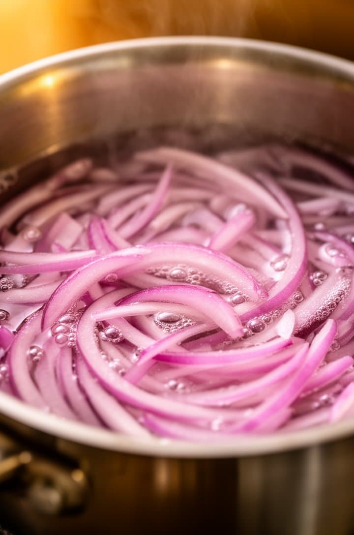Close-up of thinly sliced red onion rings in a small saucepan of simmering brine, the edges turning translucent pink-purple, tiny bubbles clinging to the onion slices, warm amber side lighting, shallow depth of field with steam rising gently, stainless steel saucepan edge visible