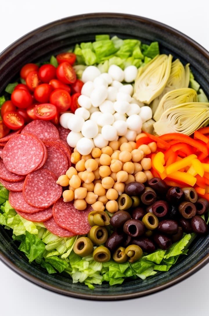 Overhead shot of a large dark ceramic salad bowl with all salad components added but not yet tossed — chopped romaine as the base with distinct piles of halved cherry tomatoes, sliced salami, pepperoni rounds, mozzarella pearls, chickpeas, chopped olives, sliced bell pepper, and artichoke hearts arranged in a composed pattern showing the colorful variety, bright natural overhead lighting, clean white background