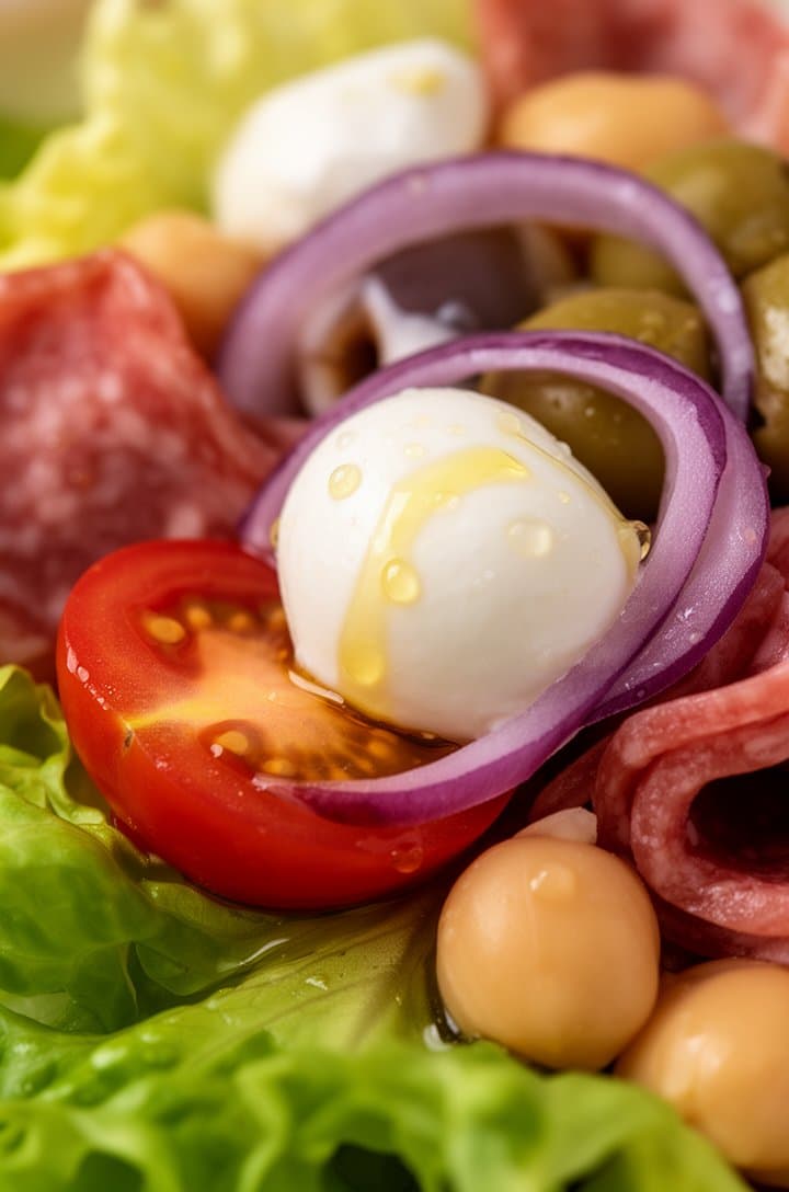 Extreme close-up macro shot of the finished tossed antipasto salad, filling the entire frame, showing glistening vinaigrette coating every ingredient — a cherry tomato half with visible seeds, a mozzarella pearl with oil droplets, a curled purple pickled onion ring, crisp romaine leaf edges, a chickpea nestled between salami and olive pieces. Shallow depth of field with creamy bokeh, warm natural side lighting, professional food photography