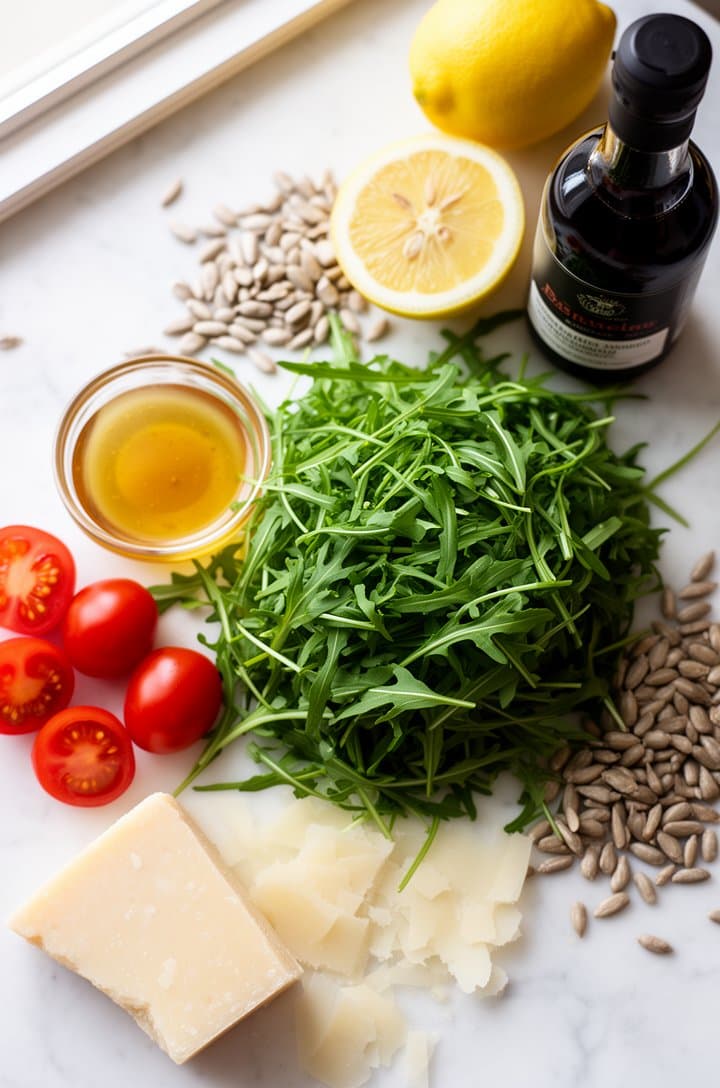 Overhead flat-lay of all arugula salad ingredients arranged on a white marble surface: a mound of fresh peppery arugula in the center, a small clear bowl of golden vinaigrette, halved bright red cherry tomatoes, a wedge of aged Parmesan with shavings, scattered sunflower seeds, a halved lemon, a bottle of balsamic vinegar, bright natural window lighting from the upper left, clean minimal styling
