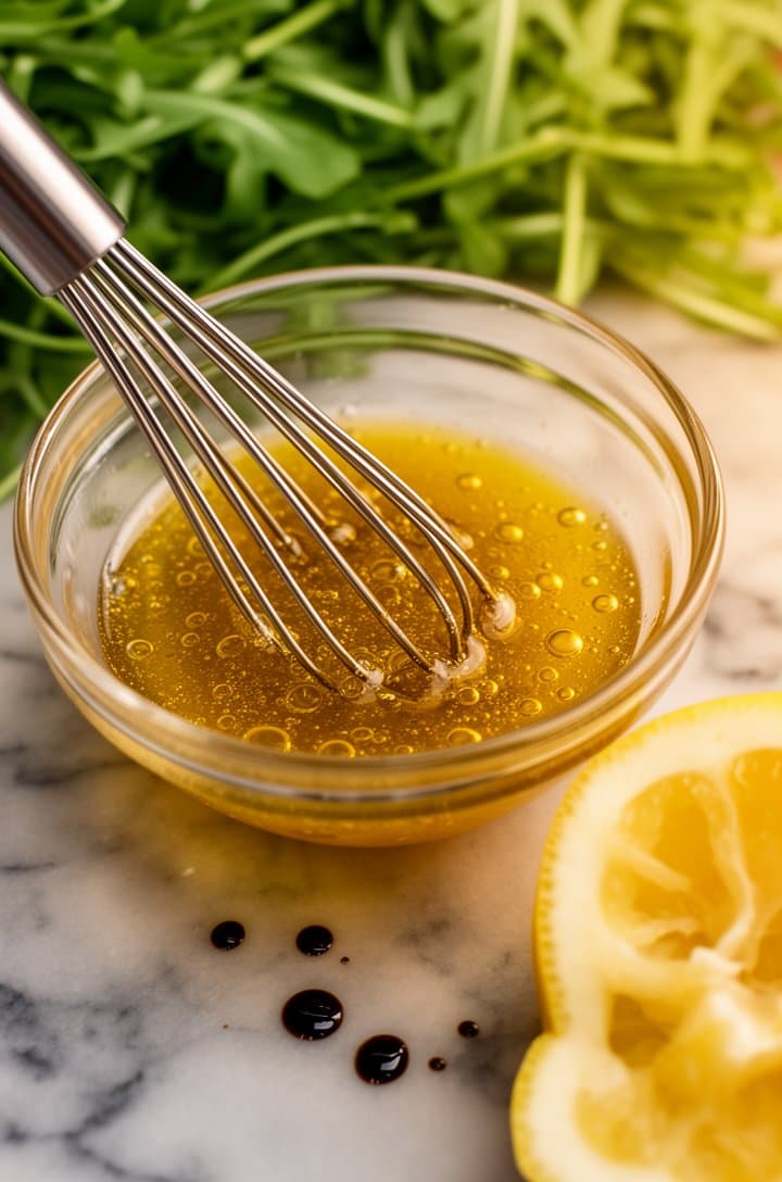 Close-up shot of lemon balsamic dressing being whisked in a small glass bowl, golden-amber emulsion with visible olive oil droplets, a squeezed lemon half beside the bowl, tiny dark balsamic drops on the marble surface, warm natural side lighting, shallow depth of field, 45-degree camera angle