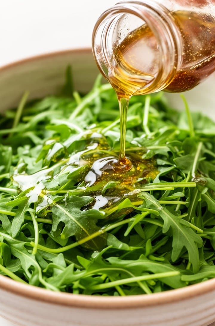 Overhead shot of a large ceramic bowl with fresh arugula being drizzled with vinaigrette from a small glass jar, the stream of golden dressing visible mid-pour, some leaves already glossy with dressing while others are still dry, bright airy natural lighting