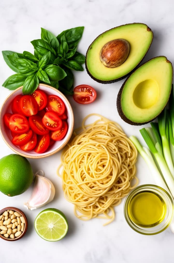 Overhead flat-lay of all avocado pasta ingredients arranged on a clean white marble surface: two ripe halved avocados with pits removed showing bright green flesh, a nest of dry spaghetti, halved cherry tomatoes in a small ceramic bowl, fresh basil sprigs, a whole lime and a halved lime, peeled garlic clove, olive oil in a glass ramekin, sliced spring onions, and pine nuts in a tiny dish. Bright diffused natural lighting from above, organized and colorful, clean food prep photography