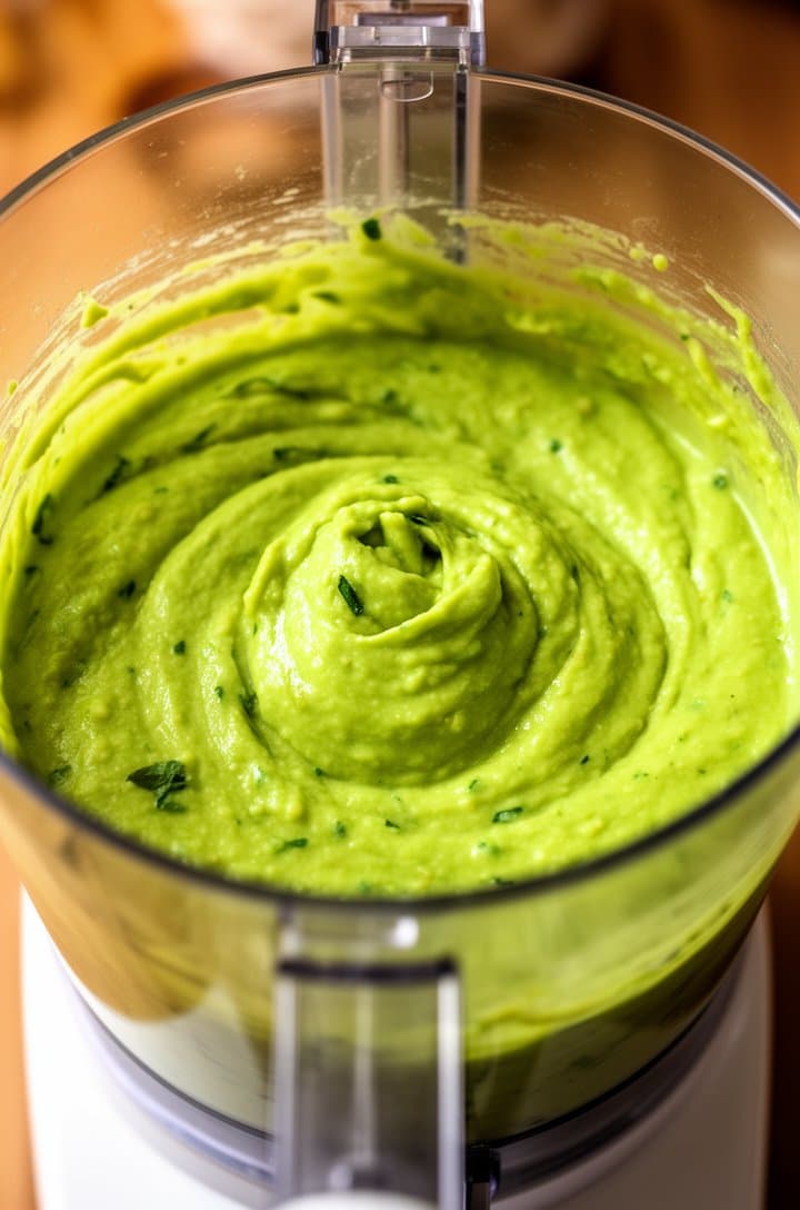 Close-up of the inside of a food processor showing the bright vibrant green avocado sauce after blending, perfectly smooth and creamy texture with tiny flecks of basil visible, glossy surface reflecting light, shot from directly above looking down into the processor bowl, sharp focus on the sauce texture, warm natural kitchen lighting