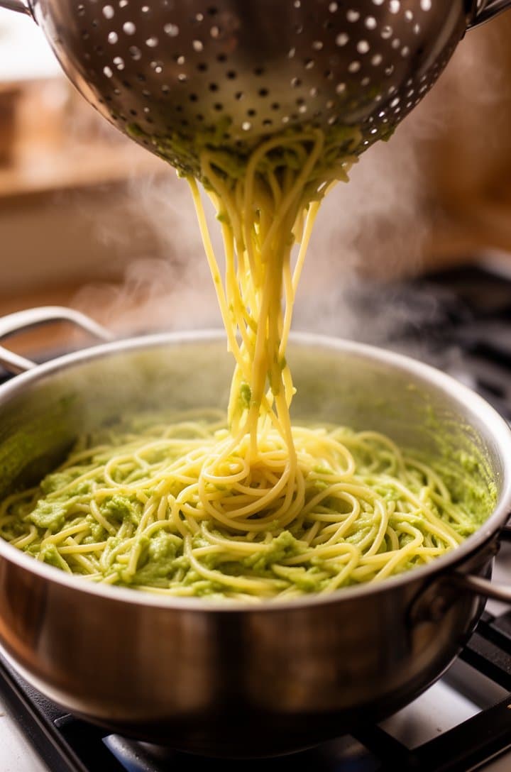 Action shot from a 45-degree angle of hot drained spaghetti being poured from a colander back into a large pot, steam rising, a few noodles mid-fall, the pot sitting on a gas stovetop, warm kitchen lighting, motion blur on the falling pasta, shallow depth of field