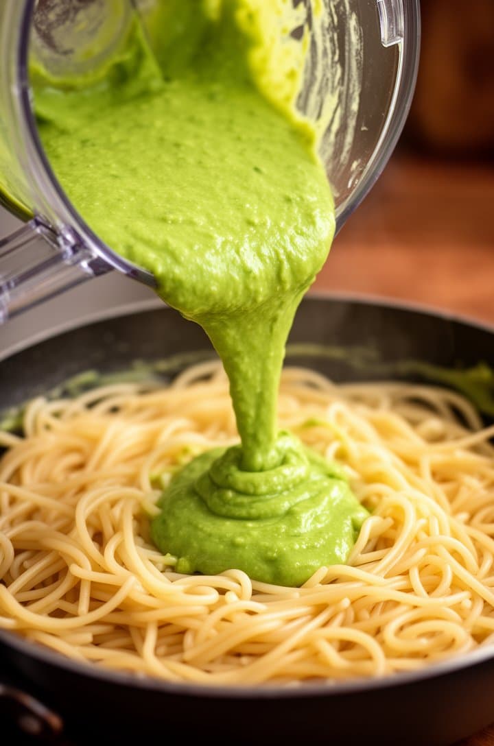 Close-up side-angle shot of the creamy avocado sauce being poured from the food processor over the hot spaghetti in a pot, the bright green sauce flowing and pooling around the pale noodles, contrast between green sauce and golden pasta, warm side lighting, professional food photography