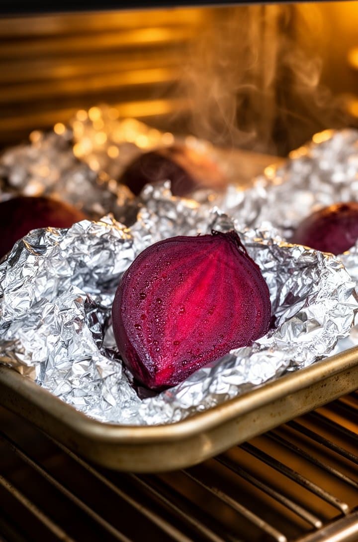 45-degree angle shot of foil-wrapped beets on a rimmed baking sheet inside a hot oven, aluminum foil glistening with moisture droplets, oven rack lines visible, warm amber oven lighting, one beet packet slightly open showing deep magenta roasted beet inside, steam escaping