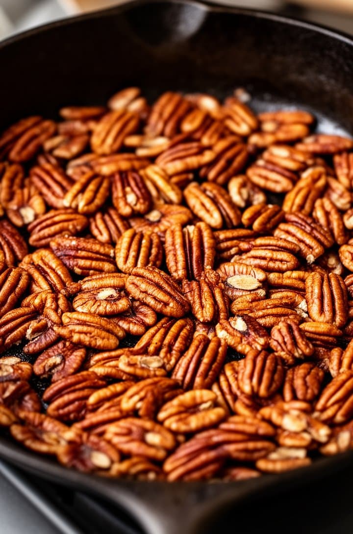 Close-up overhead shot of pecan halves toasting in a dark cast iron skillet, some pecans turning golden-brown with toasty edges visible, a few flipped to show the lighter underside, warm side lighting highlighting the texture and oil sheen on the nuts