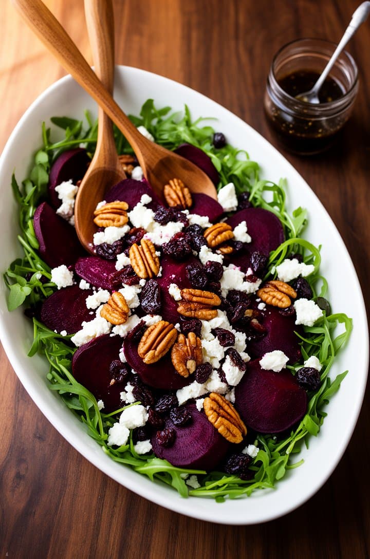Overhead shot of the assembled beet salad in a large white oval ceramic bowl on a dark walnut wood table — deep ruby beet slices layered over bright green arugula, scattered white goat cheese crumbles, golden toasted pecans, and dark dried cranberries, two wooden serving spoons crossed in the bowl, a small jar of vinaigrette with a spoon in the upper right corner, warm natural lighting from the left