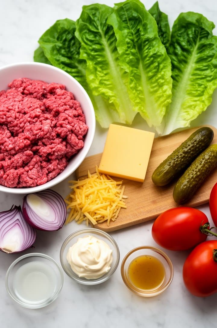 Overhead flat-lay of all Big Mac salad ingredients neatly arranged on a light marble surface — raw ground beef in a white bowl, three heads of romaine lettuce, a block of cheddar cheese with a small pile of shredds, whole dill pickles next to a cutting board, a red onion cut in half showing purple rings, Roma tomatoes, and small glass bowls containing mayonnaise, French dressing, and white vinegar. Bright natural lighting from a window, organized and colorful, clean food prep photography