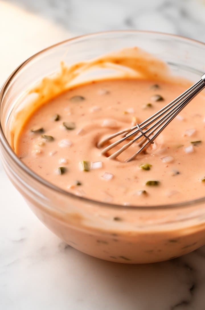 Close-up of a small glass bowl filled with creamy Big Mac special sauce dressing — pale orange-pink color with visible tiny green pickle bits and white onion specks throughout, a small whisk resting in the bowl, smooth and thick consistency, shot from a 30-degree angle on a white marble surface with warm natural side lighting