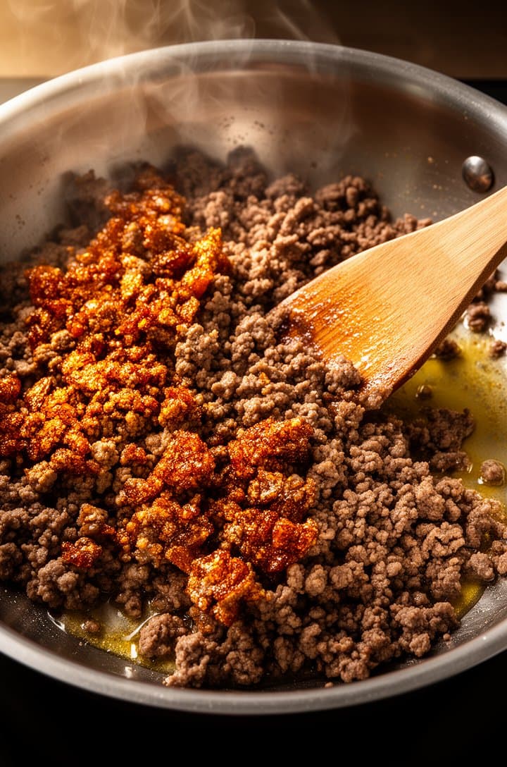 Top-down close-up of ground beef browning in a large stainless steel skillet, half the meat deeply caramelized and golden-brown with crispy edges, the other half still being broken apart with a wooden spatula, rendered fat pooling at the edges, wisps of steam rising, warm dramatic lighting from the left