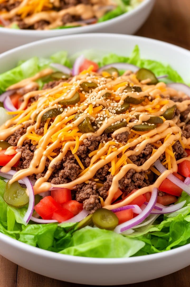 45-degree angle shot of the fully assembled Big Mac salad in a large white shallow bowl — layers of bright green chopped romaine visible at the base, topped with warm crumbled beef, shredded yellow-orange cheddar melting slightly from the heat, chopped green pickles scattered across, thin half-moon red onion slices, diced red tomatoes, thick drizzle of special sauce in a zigzag pattern, and a final sprinkle of sesame seeds on top. A second bowl partially visible in the background, warm natural lighting, professional food blog style