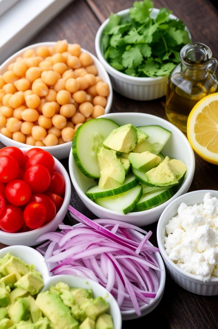 Overhead flat-lay of all chickpea salad ingredients in individual small white bowls and ramekins arranged on a dark wooden surface. Drained golden chickpeas, bright red halved cherry tomatoes, pale green cucumber slices, thinly sliced purple-red onion, diced creamy avocado, crumbled white feta, chopped green cilantro, a halved lemon, and a small glass bottle of olive oil. Bright natural window light from the upper left, editorial food styling, clean and organized mise en place arrangement.