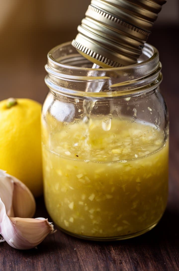 Close-up 45-degree shot of a small glass jar with golden lemon-garlic dressing being shaken together. The emulsified mixture is slightly cloudy with visible minced garlic flecks suspended in olive oil and lemon juice. The jar lid is partially unscrewed. A whole lemon and garlic clove sit on the dark wooden surface beside it. Warm natural side lighting, shallow depth of field.