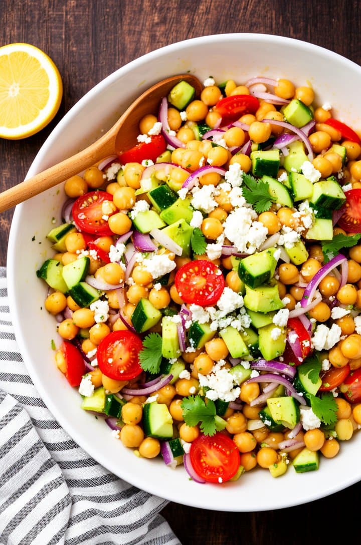 Top-down overhead shot of the finished chickpea salad in a large white round bowl on a dark wooden table. The salad is generously heaped and freshly tossed — golden chickpeas, bright red tomato halves, green cucumber, purple onion rings, creamy avocado dice, crumbled white feta, and scattered cilantro leaves all coated in a light glistening vinaigrette. A wooden serving spoon rests in the bowl. A striped linen napkin and lemon wedge sit beside the bowl. Bright even natural lighting, vibrant saturated colors, professional food blog photography.