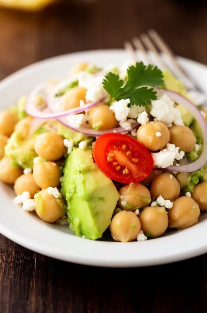 45-degree close-up of a single serving of chickpea salad on a small white plate, showing the texture and variety of ingredients up close. Individual chickpeas with visible lemon dressing sheen, a halved cherry tomato showing seeds, a chunk of creamy avocado, crumbled feta, a thin ring of red onion, and a cilantro leaf. Fork resting on the plate edge. Warm natural side lighting, shallow depth of field with creamy bokeh background, dark wooden table surface.