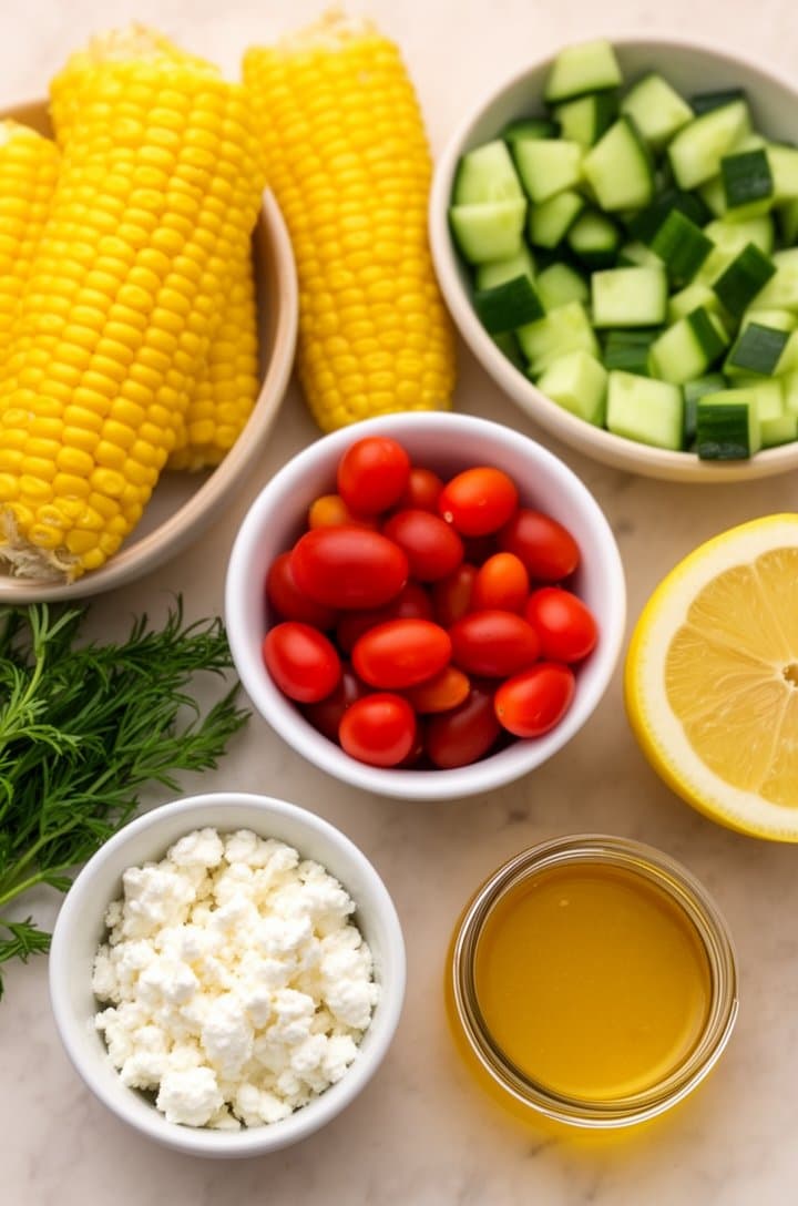 Overhead flat-lay of all corn salad ingredients arranged in small bowls on a light marble countertop — shucked yellow corn ears, halved grape tomatoes in a white bowl, diced cucumber, crumbled feta, fresh herbs, a lemon half, and a small jar of golden vinaigrette. Bright, even natural daylight, clean and organized composition, professional mise en place food photography