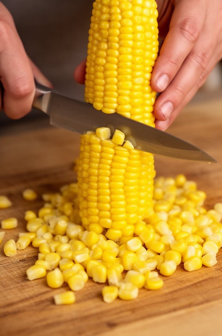 Close-up of hands holding an ear of corn upright on a wooden cutting board while a chef's knife slices golden kernels off the cob, loose kernels scattered across the board surface, warm natural side lighting, shallow depth of field, professional food photography