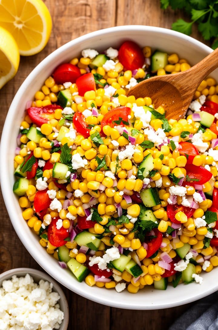 Overhead shot of a large white ceramic bowl filled with the finished corn salad — golden corn kernels, red tomato halves, diced green cucumber, purple-red onion bits, white feta crumbles, and bright green herbs all tossed together and glistening with vinaigrette. A wooden serving spoon rests in the bowl. Fresh lemon wedges and a small bowl of extra feta visible at the edges. Warm natural light, rustic wood surface, appetizing and vibrant