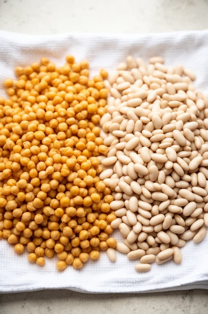 Overhead shot of two drained cans of beans — golden chickpeas on the left and white cannellini beans on the right — spread on a clean kitchen towel to dry, showing their different sizes and textures, bright natural window lighting on a light stone countertop
