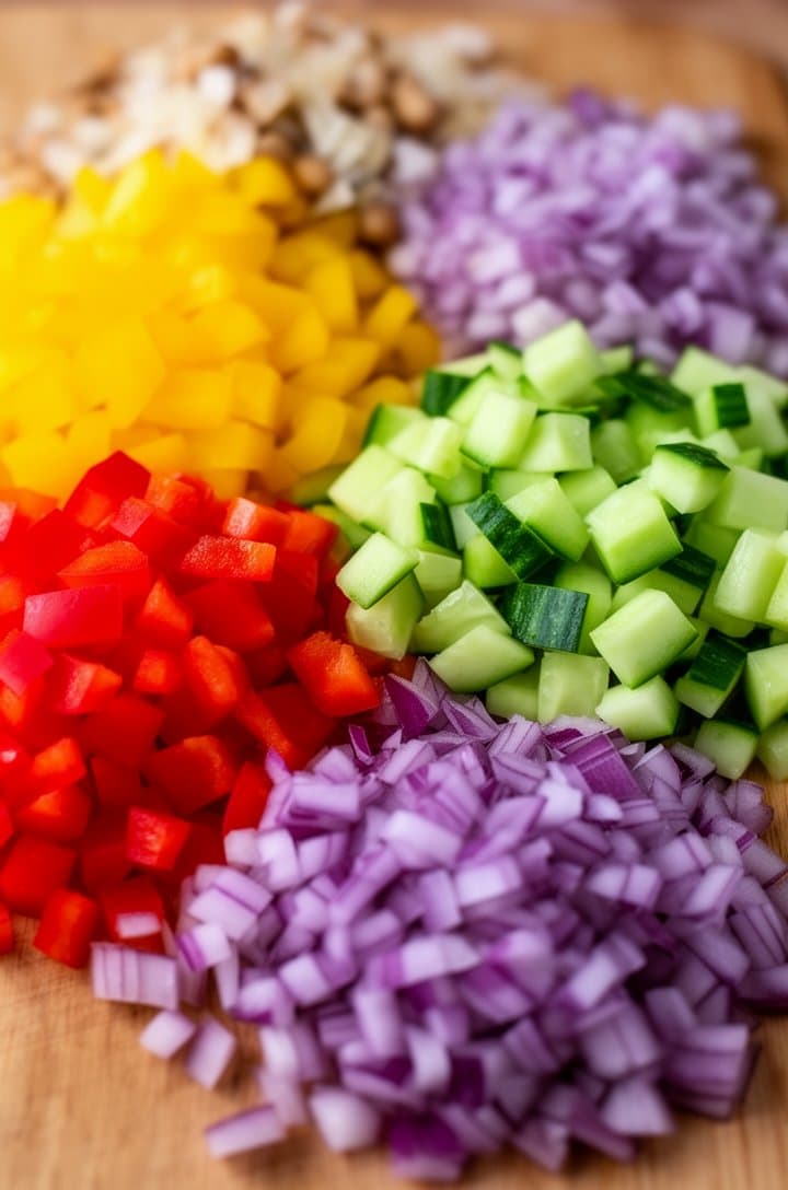 Close-up overhead of a wooden cutting board covered with finely diced colorful vegetables in separate piles — bright red bell pepper cubes, sunny yellow bell pepper pieces, translucent green cucumber dice, deep purple diced red onion, all cut to uniform small size about the size of a chickpea, natural lighting from above