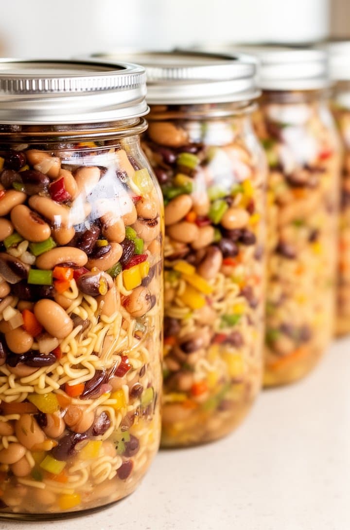 Four glass mason jars filled with dense bean salad for meal prep, lined up in a row, each packed tightly with the colorful bean and vegetable mixture visible through the glass, metal lids beside them, shot at a 45-degree angle on a light countertop, bright airy natural lighting