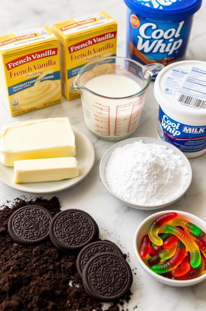 Overhead flat-lay of all dirt cake ingredients on a light marble surface: two boxes of French vanilla instant pudding, a glass measuring cup filled with milk, a softened block of cream cheese on a small plate, a stick of butter, a bowl of powdered sugar, an open tub of Cool Whip, a package of Oreo cookies with several cookies loose around it, and a small bowl of colorful gummy worms. Bright, airy natural lighting from a window, organized and clean, professional food blog mise en place photography