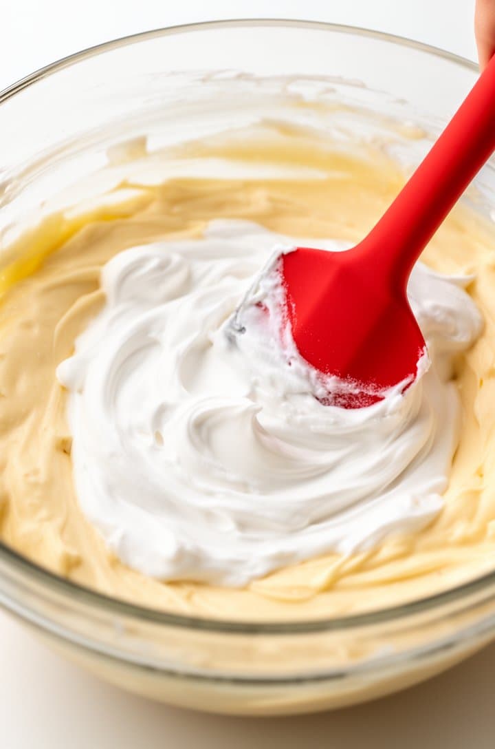 Medium close-up of a large glass mixing bowl containing the pale cream-colored pudding and cream cheese filling with Cool Whip being folded in using a red silicone spatula, swirls of white Cool Whip visible against the slightly yellow pudding base, shot from overhead at 60 degrees, bright natural light, clean white background