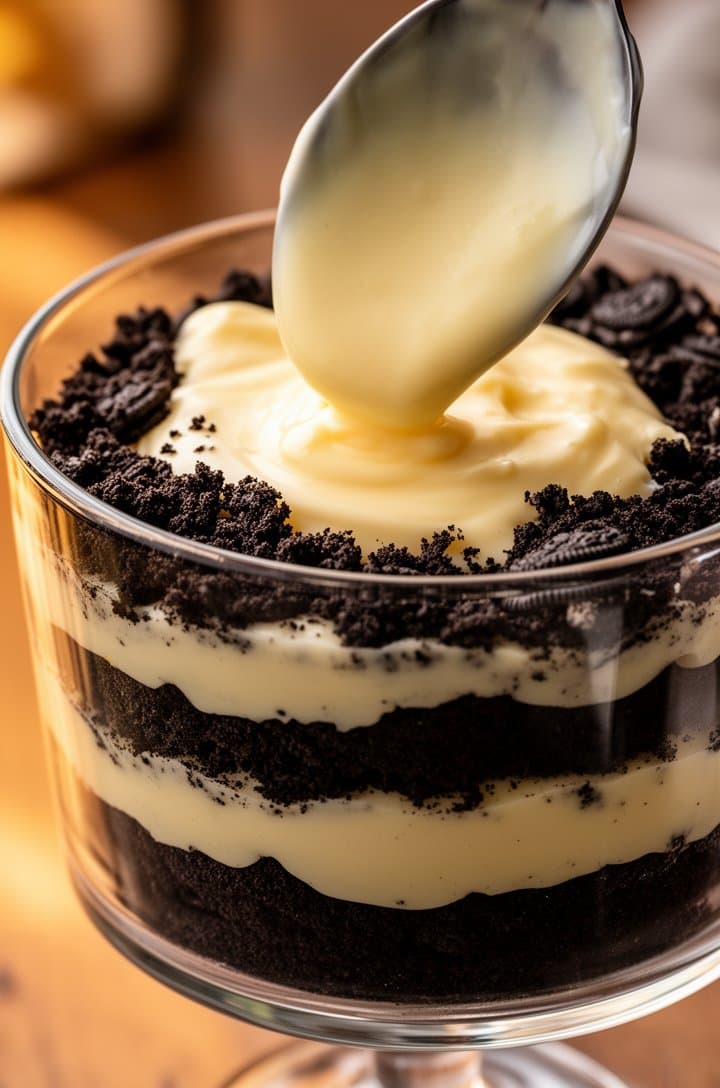Side-angle shot through a clear glass trifle bowl during assembly, showing two completed layers of dark Oreo crumbs alternating with creamy vanilla pudding filling, a third layer of pudding being spooned on top with a large spoon, crumbs visible at the edges where layers meet, warm side lighting creating reflections on the glass, shallow depth of field, shot from 10 inches away