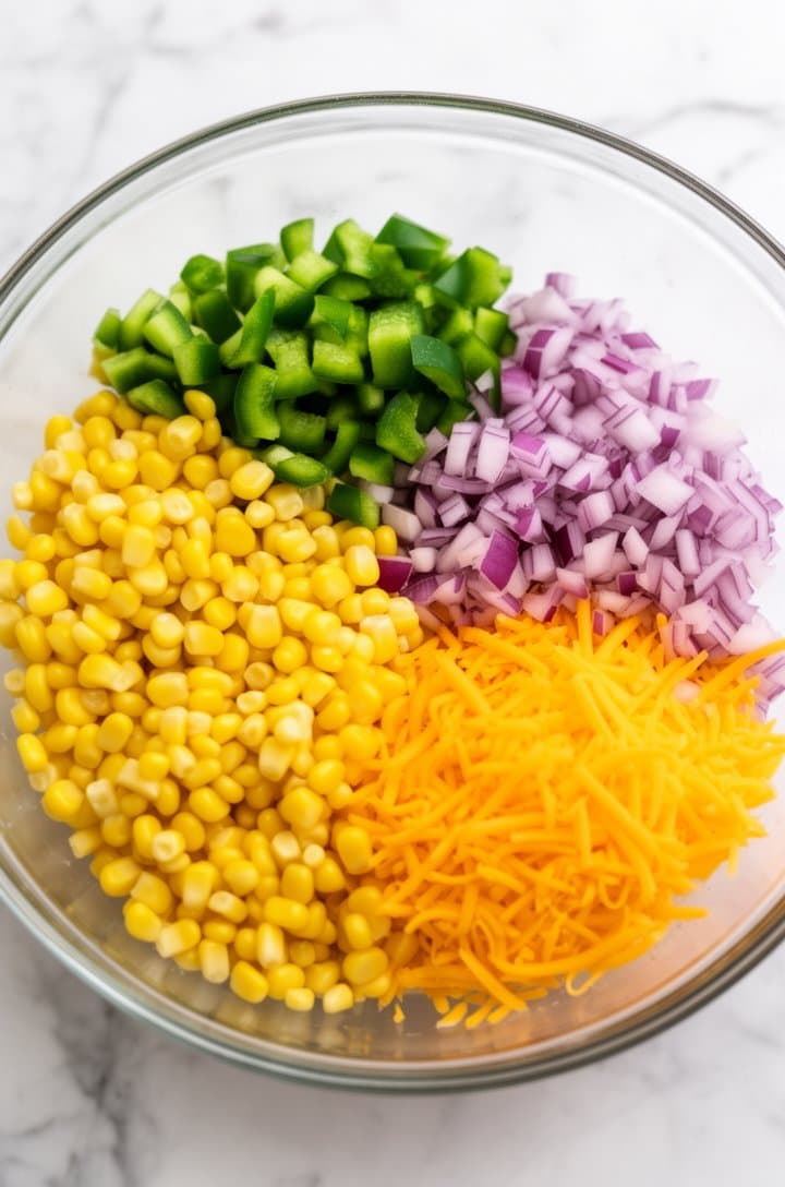 Overhead flat-lay of thawed corn kernels, diced green bell pepper, chopped red onion, and shredded cheddar cheese arranged separately in a large glass mixing bowl before stirring, bright natural window lighting from above, white marble countertop surface, each ingredient visible in its own section of the bowl