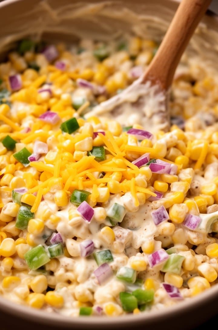 Close-up 45-degree angle of the corn salad base after mixing in mayonnaise and taco seasoning, creamy white dressing coating every kernel and cheese shred, diced green pepper and purple-red onion pieces distributed throughout, wooden mixing spoon resting in the bowl, warm side lighting creating a glossy sheen on the dressing