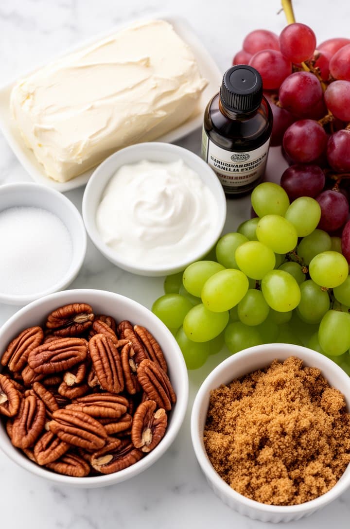 Overhead flat-lay of all grape salad ingredients arranged on a white marble countertop: a softened block of cream cheese, small bowls of sour cream and granulated sugar, vanilla extract bottle, clusters of red and green seedless grapes, whole pecans in a bowl, and packed brown sugar in a ramekin. Bright, clean natural lighting from above, organized mise en place composition.