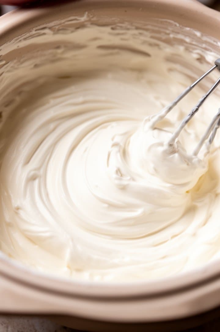 45-degree angle shot of smooth, glossy white cream cheese dressing in a large mixing bowl, whipped to a creamy consistency with visible paddle marks, the mixture thick enough to coat a spoon, soft natural side lighting creating gentle shadows.