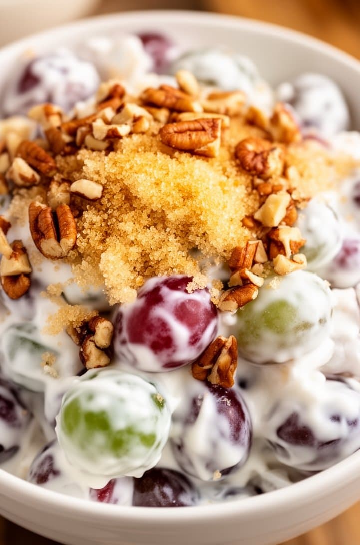 Extreme close-up overhead of the finished grape salad in a white ceramic bowl, every grape generously coated in thick white dressing, topped with a crumble of golden-brown sugar and chopped toasted pecans, a few bare grape edges peeking through in jewel-tone reds and greens, tight crop with shallow depth of field, warm natural light from the left.