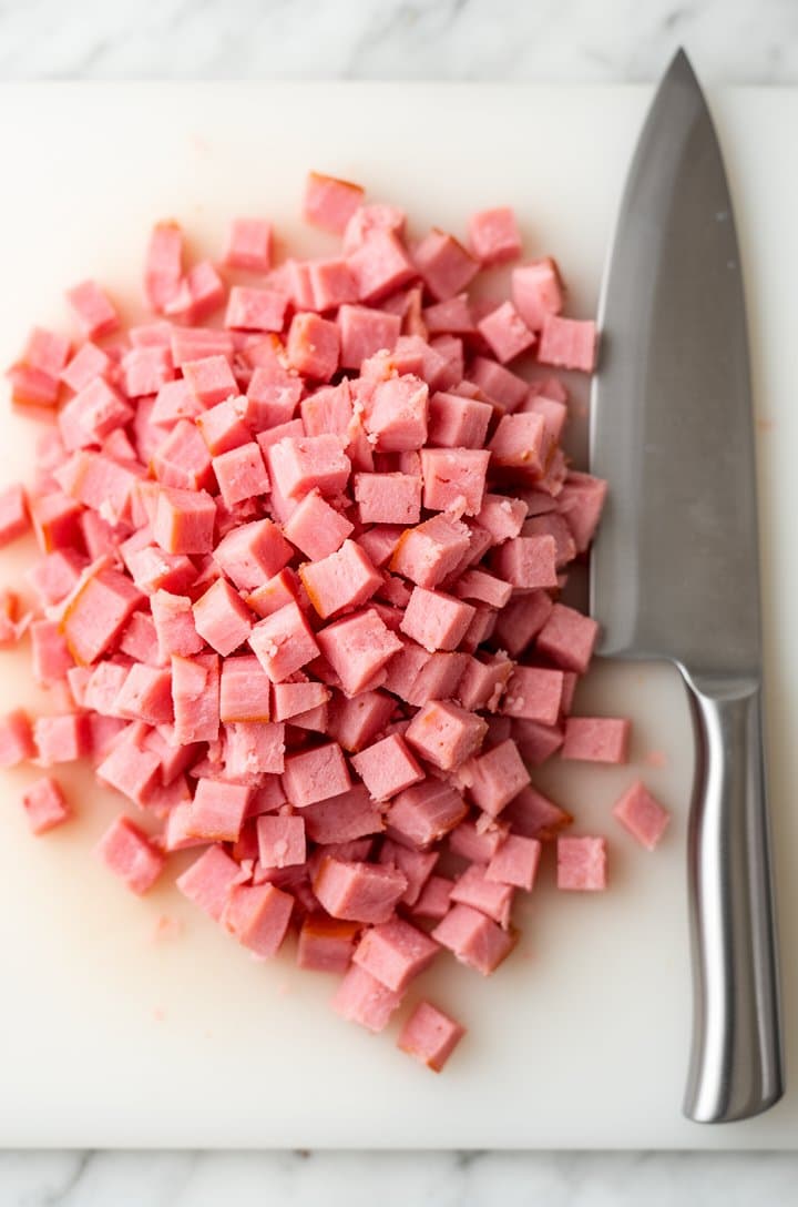 Overhead flat-lay of rough-cut pink ham cubes spread across a white cutting board next to a sharp chef's knife, the ham showing a rosy pink color with slightly darker edges, bright even natural lighting from above, clean white marble surface, a few cubes slightly separated to show the 1-inch dice size