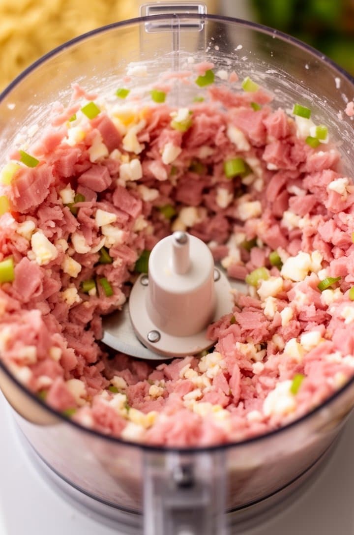 Top-down shot looking into a food processor bowl after pulsing, showing finely minced pink ham mixed with tiny white egg pieces and green celery flecks, the texture coarse and spreadable but not a paste, some larger ham pieces visible near the edges where it wasn't fully processed, food processor blade visible at the bottom