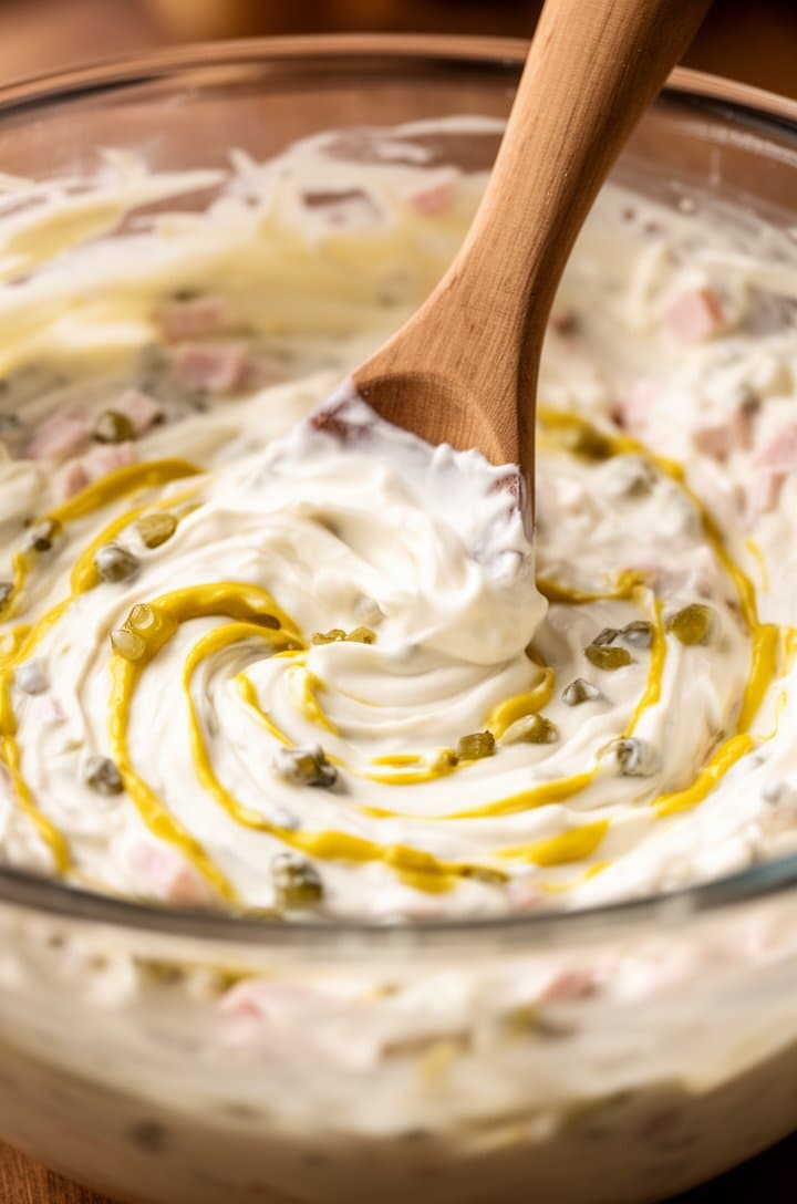 Close-up 45-degree angle of a large glass mixing bowl with the creamy mayo-mustard dressing being stirred — white mayonnaise with visible streaks of yellow mustard and small green relish pieces, a wooden spoon mid-stir creating a swirl pattern in the dressing, soft warm kitchen lighting