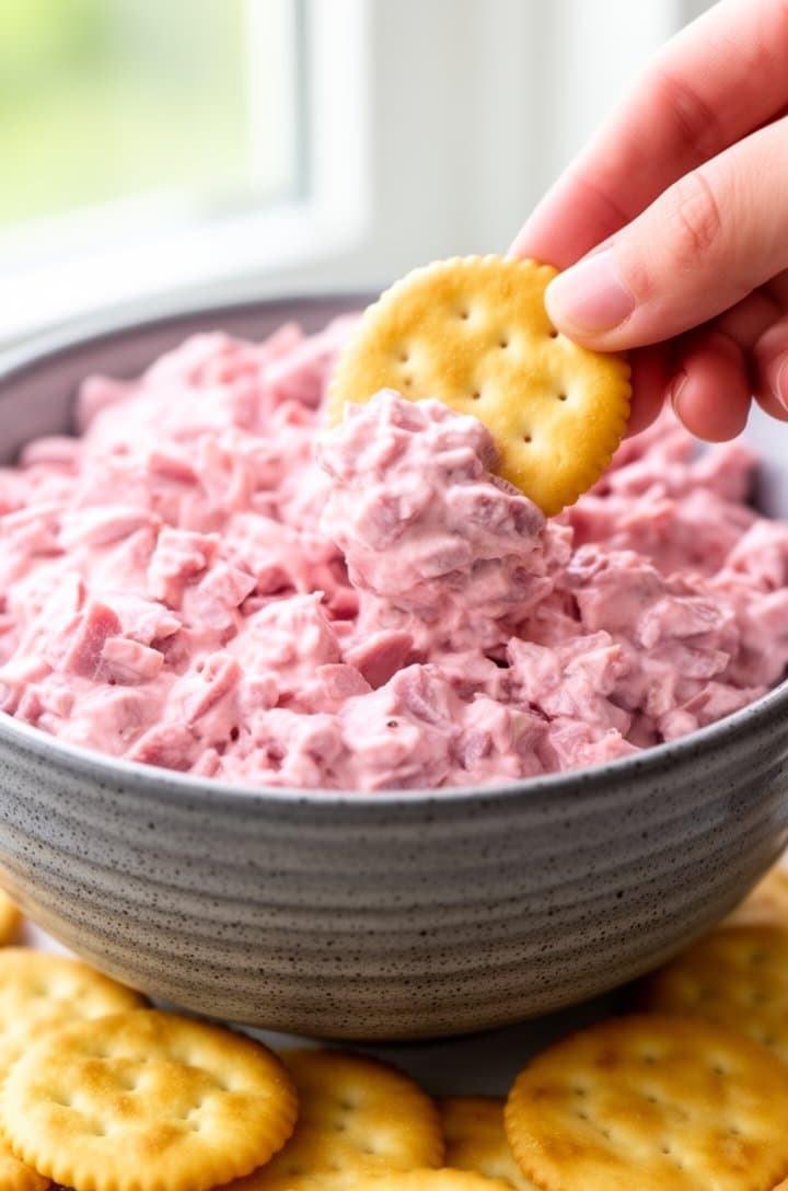 Side-angle shot of the finished ham salad in a speckled gray ceramic bowl, a hand holding a round butter cracker scooping up a generous portion of the pink chunky ham salad, the creamy texture clinging to the cracker, more crackers scattered on the surface beside the bowl, bright natural window lighting, shallow depth of field