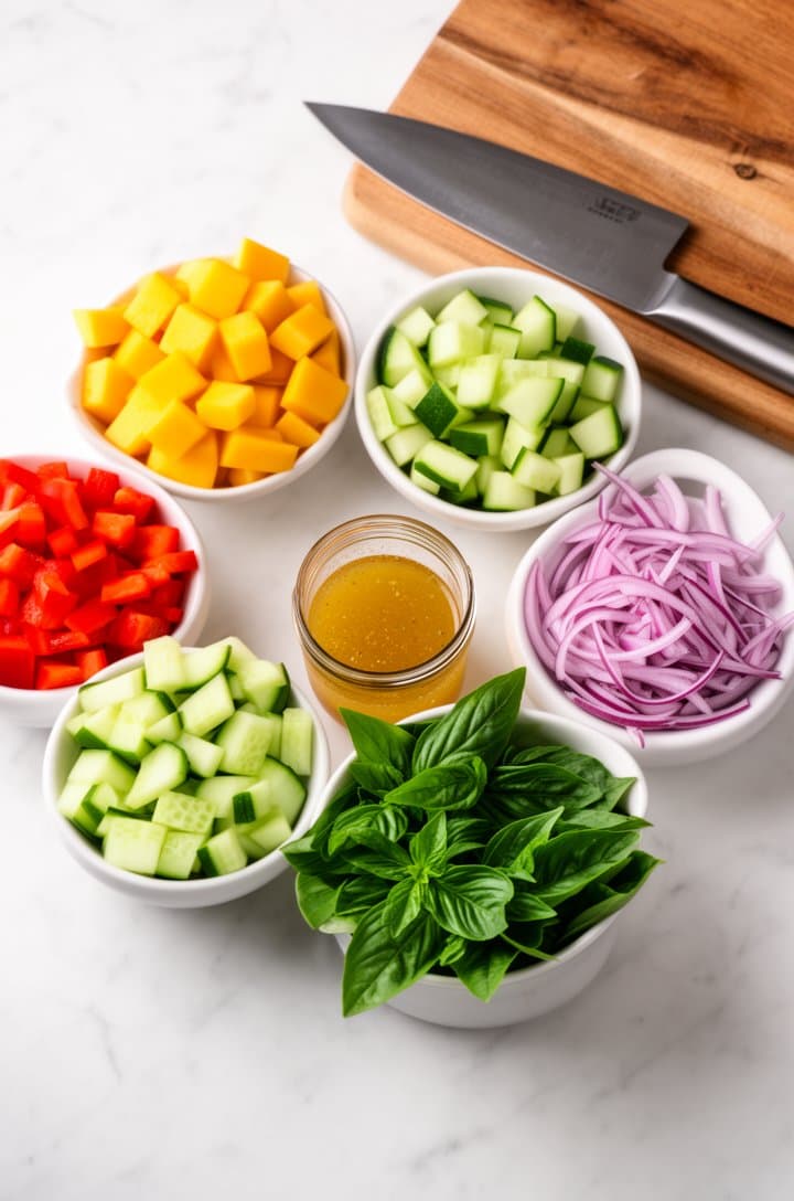 Overhead flat-lay of all mango salad ingredients in individual small white bowls arranged in a circle on a white marble countertop — golden diced mango cubes, bright red diced bell pepper, pale green cucumber pieces, thin purple-red onion slices, a pile of fresh green basil leaves, and a small jar of golden dressing. A sharp chef's knife and wooden cutting board sit to the side. Bright even natural lighting from above, clean minimalist styling, professional food blog photography