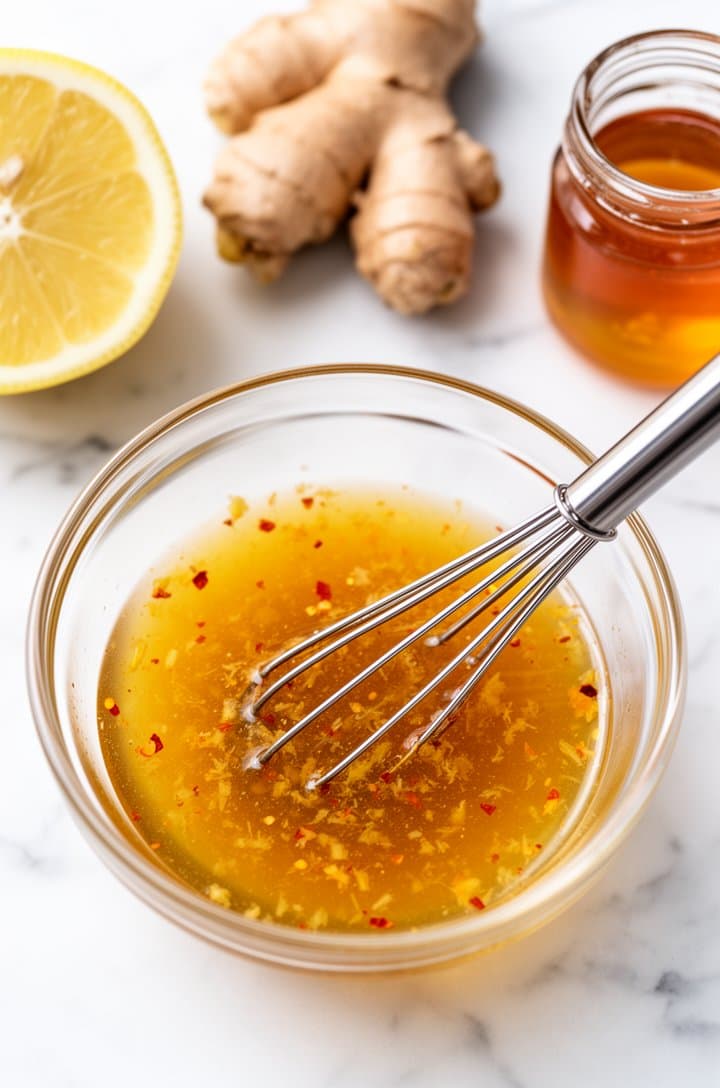 Top-down shot of a small glass bowl with the ginger-lemon dressing being whisked together — golden-amber liquid with tiny flecks of grated ginger and red chili flakes visible, a small metal whisk resting in the bowl. A halved lemon, a knob of fresh ginger root, and a small jar of honey arranged nearby on white marble. Bright natural lighting, clean composition