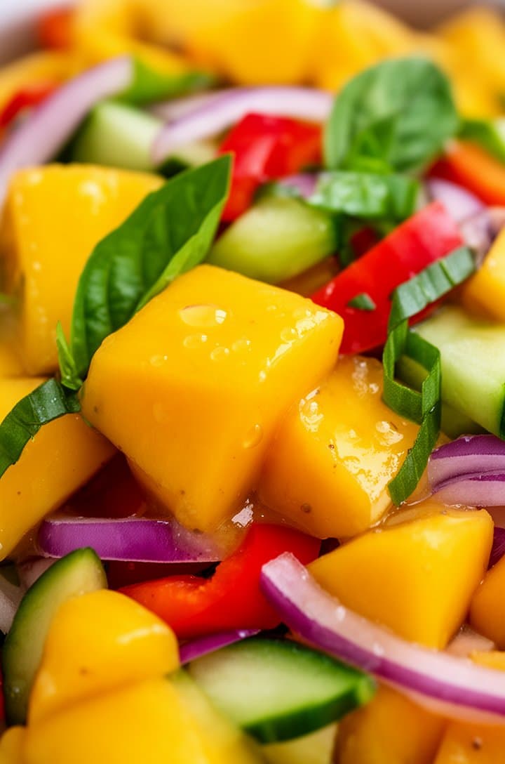 Extreme close-up of the finished mango salad from a 30-degree angle, filling the entire frame — diced golden mango cubes coated in glistening dressing nestled among red bell pepper pieces, cool green cucumber chunks, purple-red onion rings, and bright green basil ribbons. Individual drops of dressing visible on the ingredients, warm natural side lighting creating highlights and gentle shadows, macro food photography with creamy bokeh on the background, vibrant saturated colors