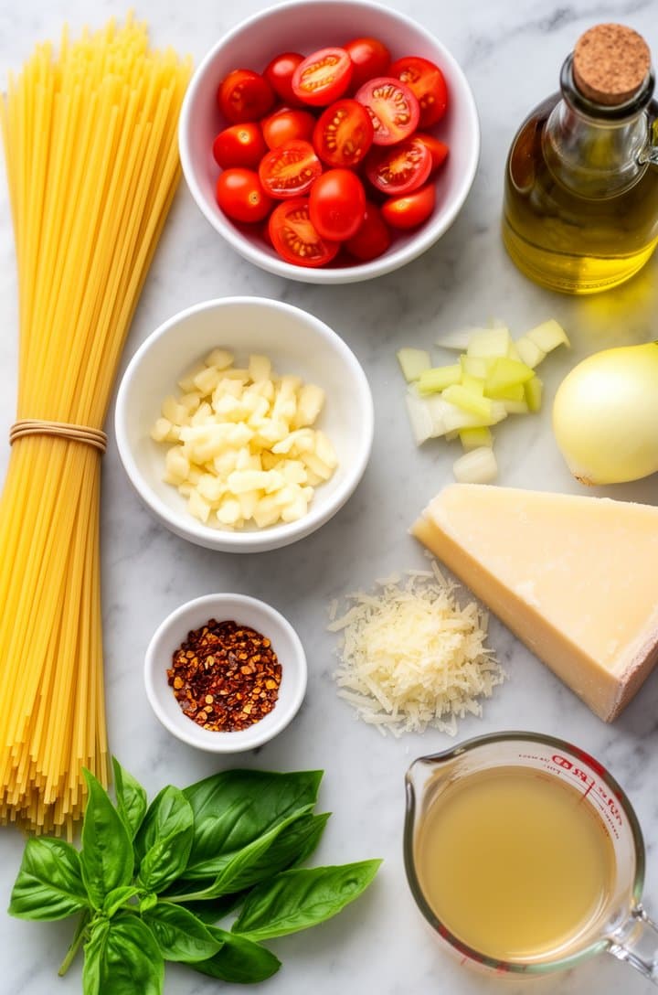 Overhead flat-lay of all recipe ingredients neatly arranged on a light marble surface — uncooked linguine bundle, halved cherry tomatoes in a small white bowl, minced garlic in a ramekin, block of parmesan with a small pile of freshly grated cheese, fresh basil sprigs, red pepper flakes in a tiny dish, olive oil bottle, chopped yellow onion, and a measuring cup of chicken broth. Bright, clean natural lighting from above, organized and inviting mise en place composition