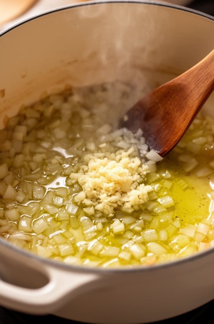 Close-up shot of chopped onion cooking in olive oil in a white enamel Dutch oven, turning translucent and golden at the edges, minced garlic just added and releasing steam, warm kitchen lighting, wooden spoon visible, oil shimmering around the aromatics