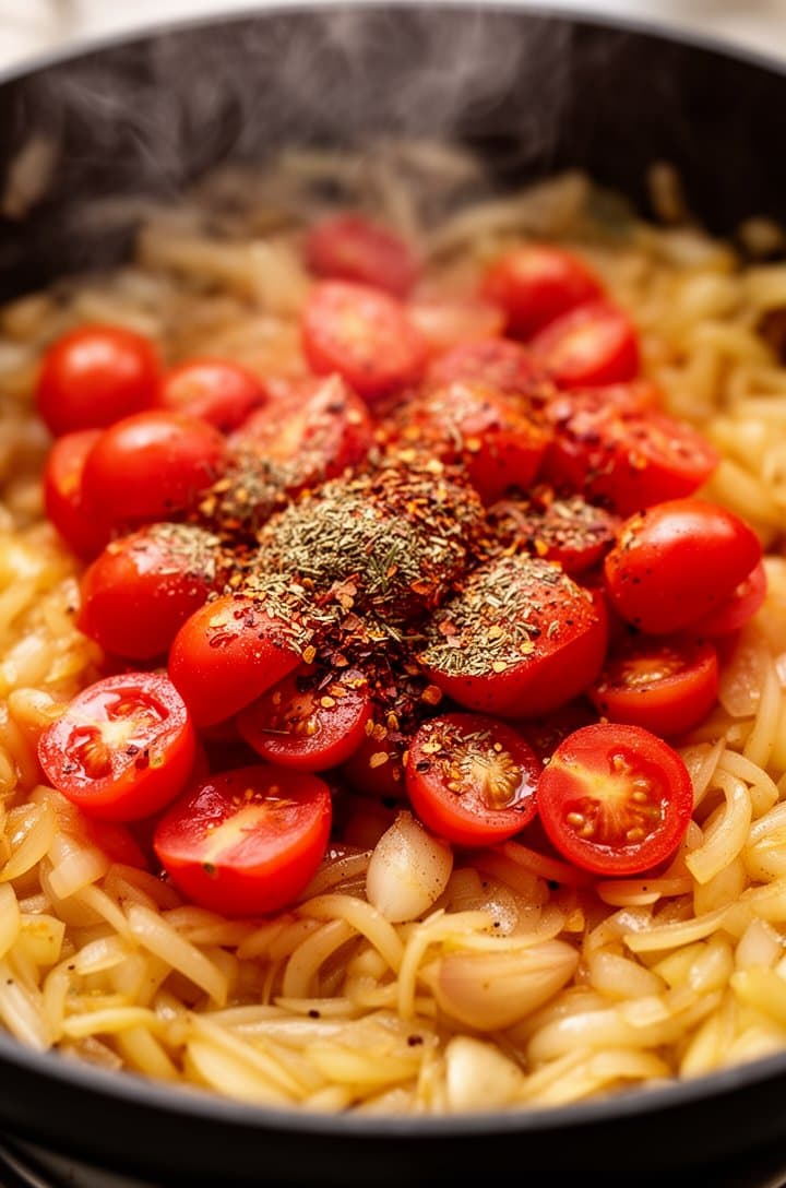 45-degree angle shot of halved cherry tomatoes added to the pot with the softened onions and garlic, some tomatoes just starting to burst and release their juices, Italian seasoning and red pepper flakes sprinkled over the top, vibrant red against the golden onions, steam rising
