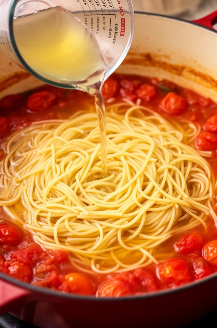 Overhead shot of uncooked linguine laid into the Dutch oven on top of the tomato mixture, chicken broth being poured from a measuring cup, the pasta beginning to submerge in the golden liquid, some tomatoes peeking through, moment of assembly before the boil